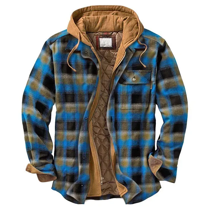 Men`s Jackets Men Retro Vintage Spring Winter Long Sleeve Plaid Shirt Jacket For Checked Coat Overcoat Hooded Pocket