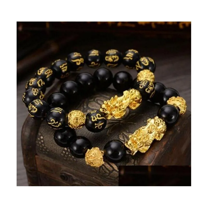 Beaded Feng Shui Obsidian Stone 12Mm Beads Strands Bracelet Men Women Uni Wristband Gold Black Pixiu Wealth And Good Luck Bracelets G Dhozx