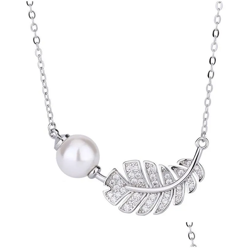 Earrings & Necklace S925 Sterling Sier Luxury Pearl Pendant Jewelry For Women Shining Crystal Feather Designer Earings Earring Neckla Dh2Xg