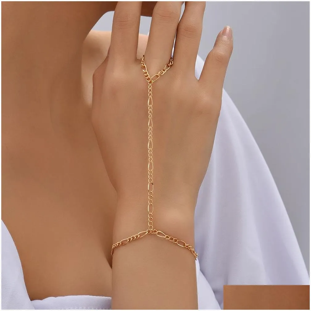 Creative Tiny Chain Bracelet Finger Rings For Women Gold Color Link Chains Connecting Hand Harness Bracelets Jewelry Gift