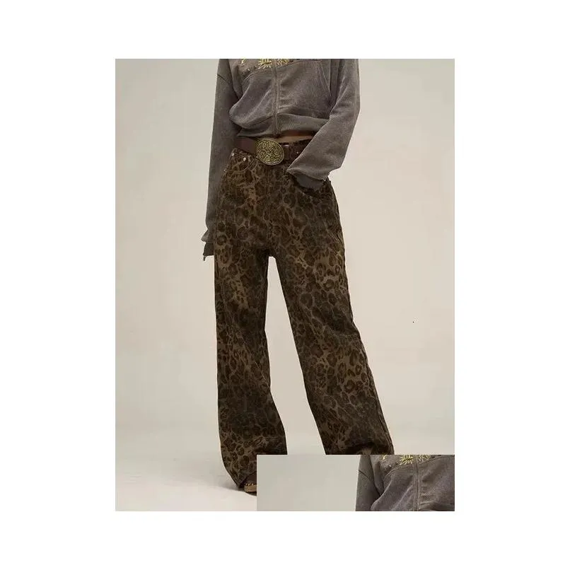 Women`S Jeans Womens Houzhou Tan Leopard Women Denim Pants Female Oversize Wide Leg Trousers Streetwear Hip Hop Vintage Clothes Loose Dhjqr