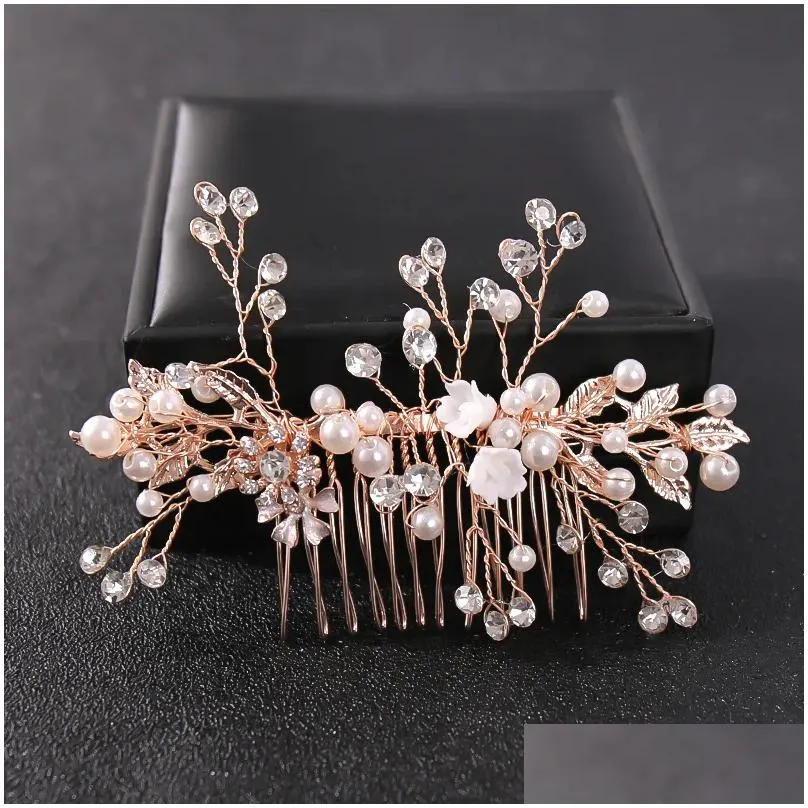 Crystal Rhinestone Flower Pearl Hair Comb Pin Headband Tiara For Women Bride Girl Wedding Bridal Hair Accessories Jewelry Band