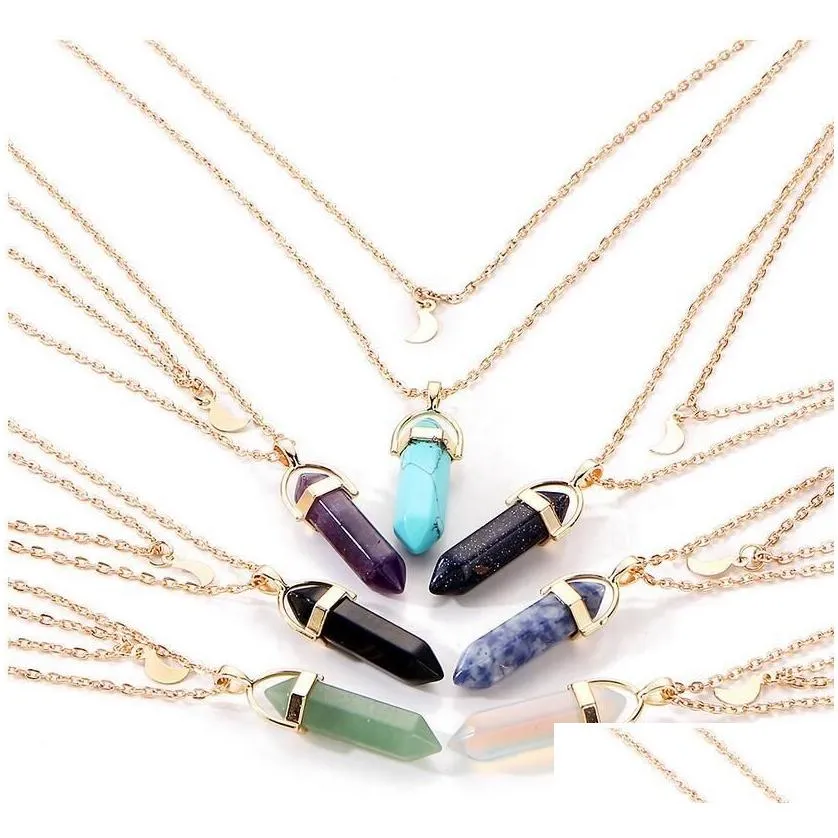 Pendant Necklaces Natural Stones Moon Pendants Necklace Double Layer Gold Link Chains Women Crystal Quartz Hexagonal Charm Jewelry Shi Dh9Cb