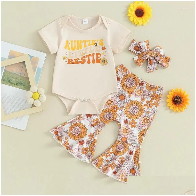 Clothing Sets Born Baby Girl Summer Clothes Aunties Little Ie Short Sleeve Romper Floral Bell Bottom Pants Headband Set