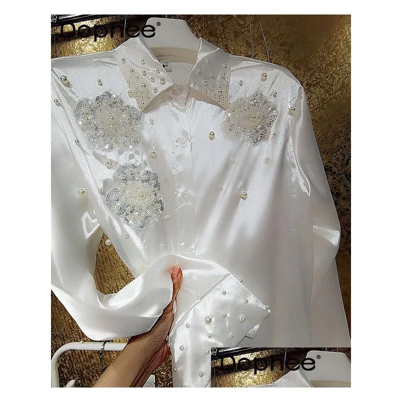 Women`S Blouses & Shirts Womens Korean 3D Flower Heavy Sequins Beaded White Shirt Women High End Satin Collar Long Sleeved Blouse Sum Dhlze