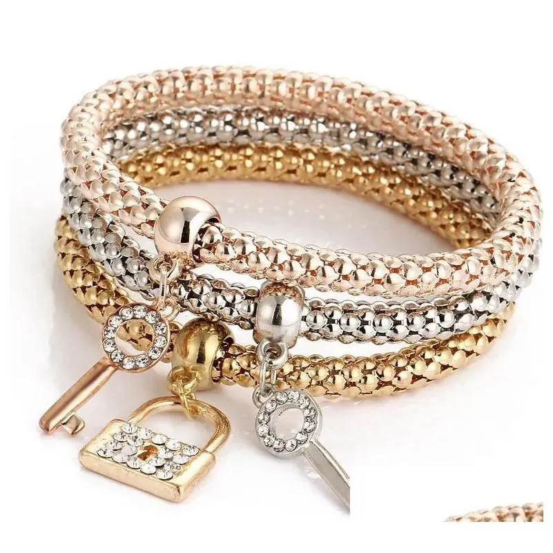 Charm Bracelets 3Pcs/Set Elastic Crystal Bracelet Diamond Heart Crown Tree Of Life Skl Butterfly Bangle Cuff Sets Jewelry Epacket Dro Dhloj