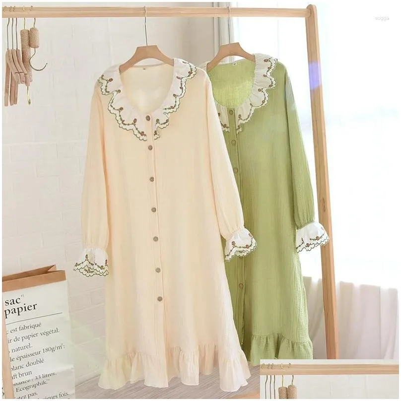 Women`s Sleepwear 2023 Embroidered Suit Collar Cotton Pajamas Dress Spring Autumn Long-sleeved Knee-length Night Women Loose Nightgown