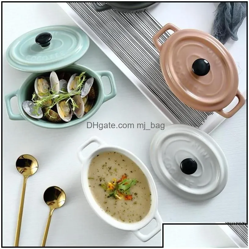 Bowls Nordic Ceramic Matte Binaural Salad Dessert Bowl With Lid Porcelain Birds Nest Oven Waterproof Stewing Pot Tableware Drop Mjbag