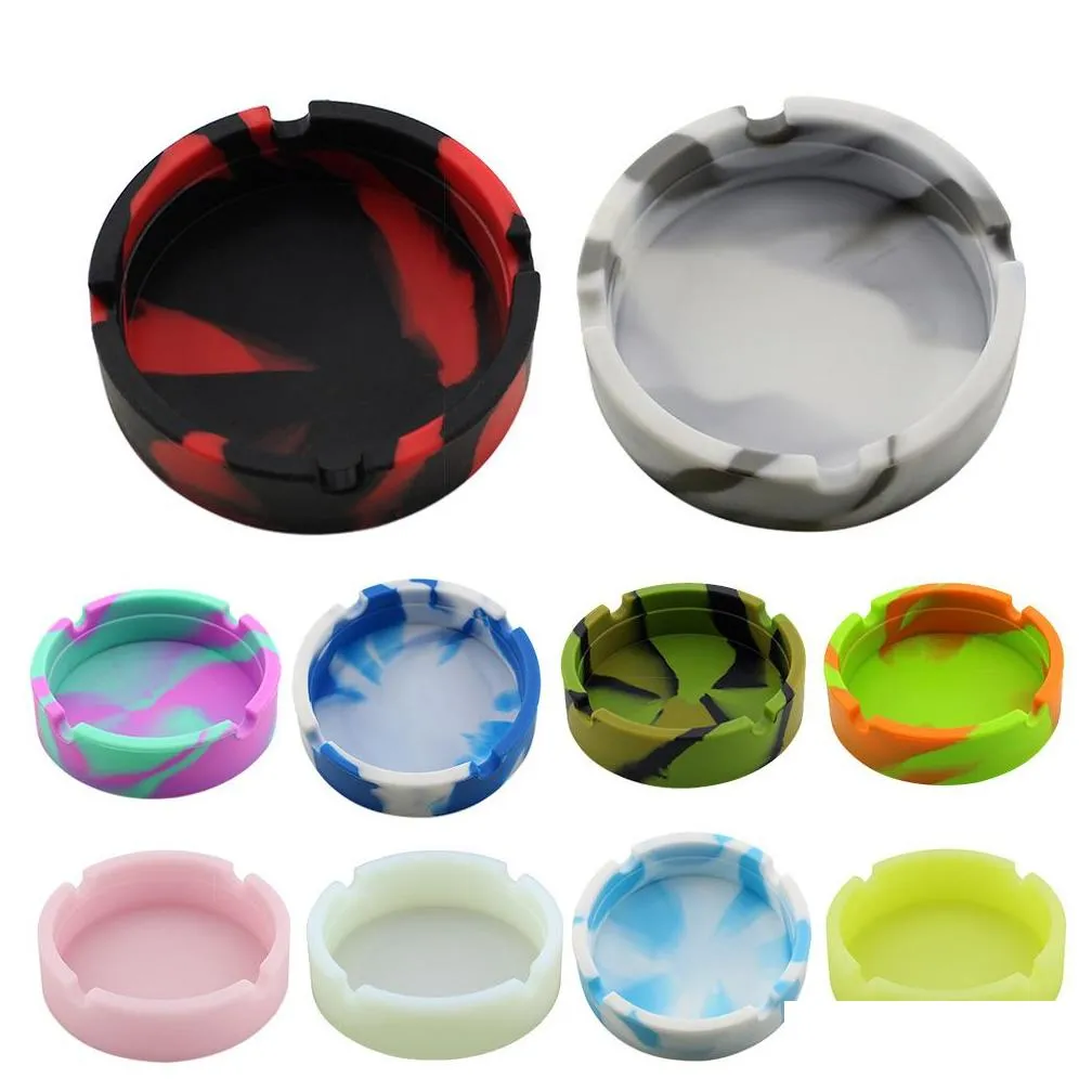 Ashtrays 8Cm Household Round Sile Ashtray Luminous Pure Color Camouflage Rubber Unbreak Bendable Smoking Herb Tobacco Holder Cigarette Dhgzw