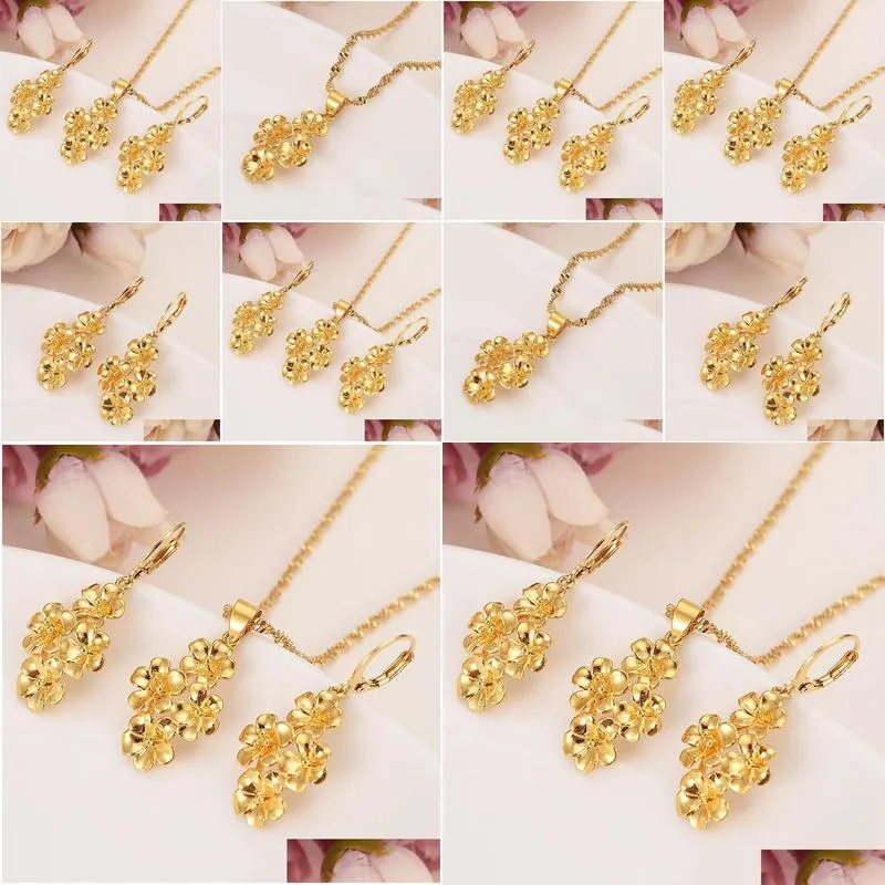 golden flowers assembled beautiful Fine 18k Gold Pendant Chain Earrings Flower set Jewelry Bride Wedding Bijoux giftd