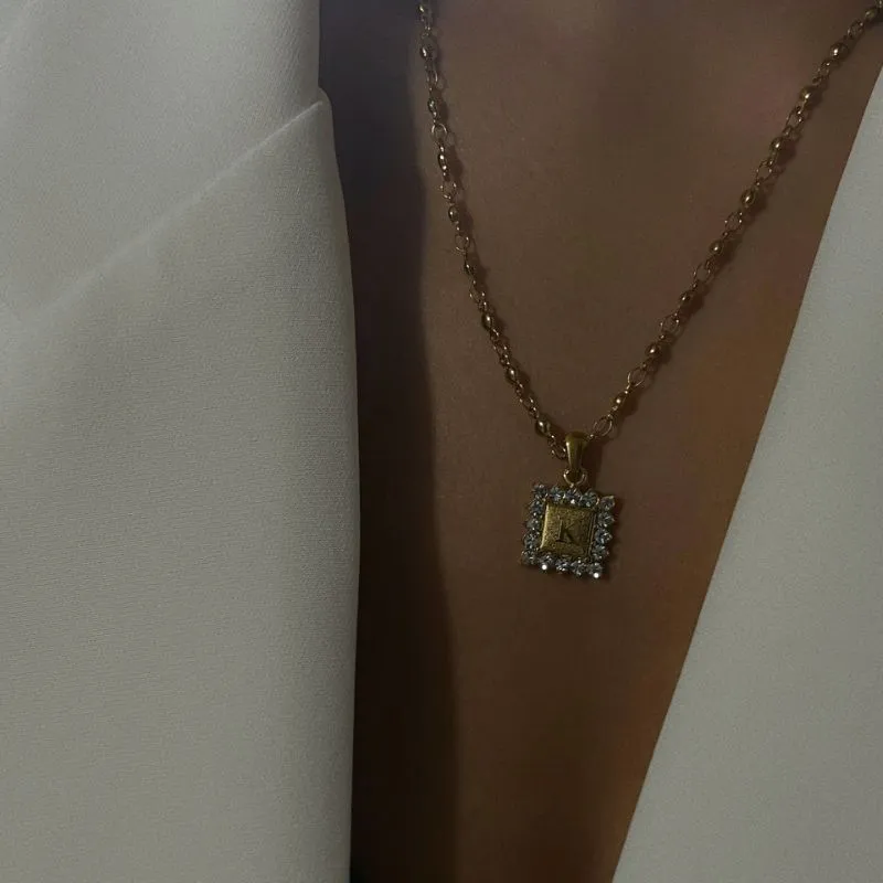 18k Gold Plated Stainless Steel Initial Letter Alphabet Iced Zircon Square Pendant Cuban Chain Necklace Women
