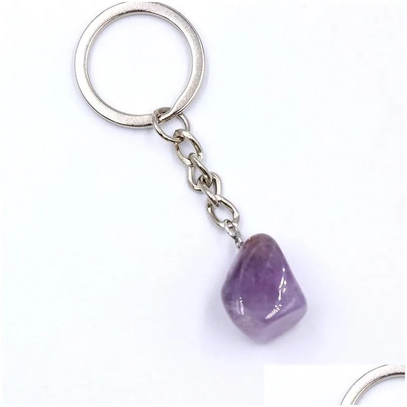 Natural Stone Crystal Quartz Keychain Women Men Handbag Hangle Car Key Holder Raw Mineral Stone KeyRing Jewelry
