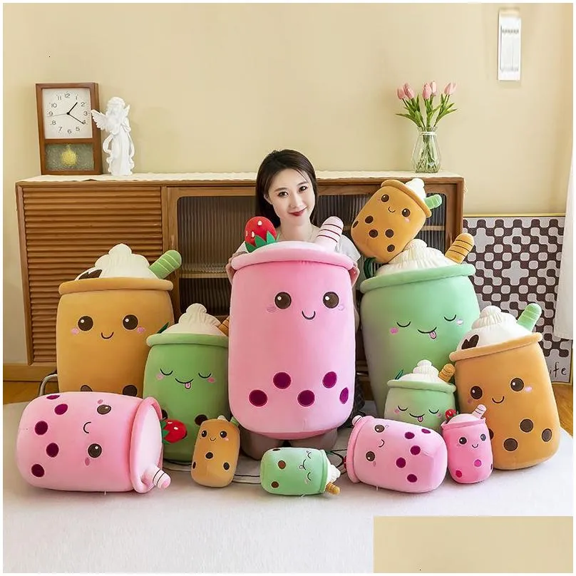 Plush Pillows Cushions 24cm Bubble Tea Plush Toy Boba Fruits Juice Drink Bottle Plushie Grape Pineapple  Strawberry Avocado Pearls Milk Tea Gift