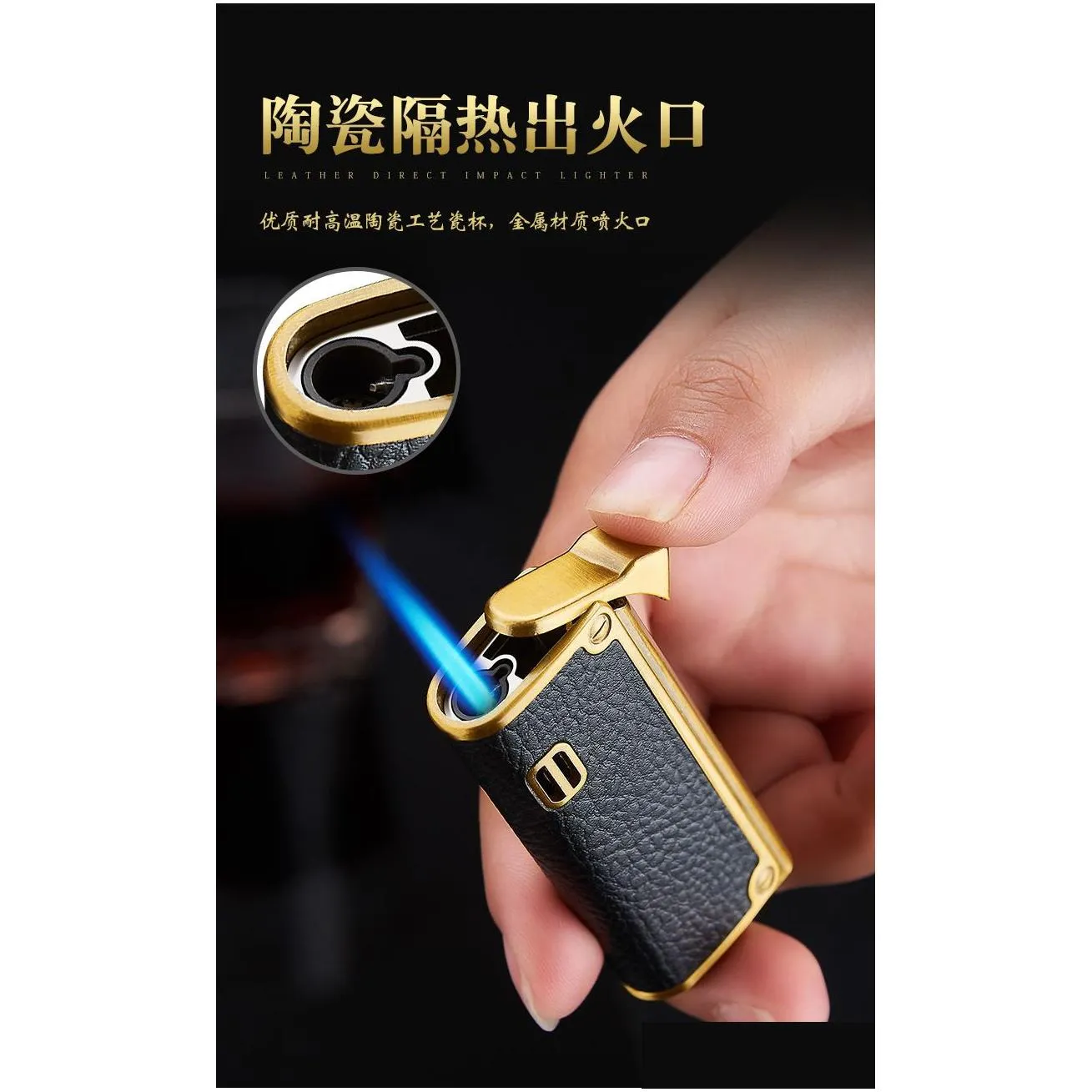 Lighters Genuine Leather Cigar Punch Refillable Windproof Gentlemen  Flame Cigarette Torch Embossed Lighter Drop Delivery Home Gard Dhipu