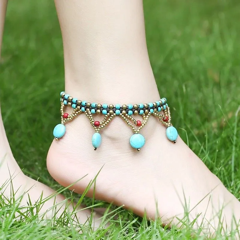 Bohemian Trendy Anklet Turquoise Beads Crystal Anklet Foot Chain Jewelry For Women