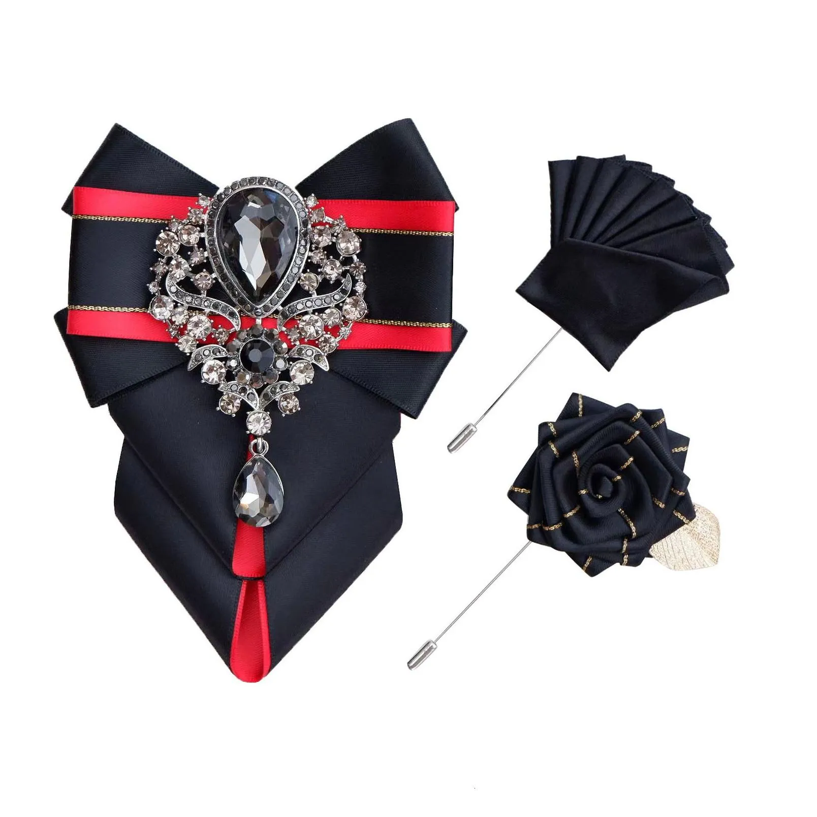 Bow Ties Luxury Tie Brooch Pocket Towel Set Mens High-End Jewelry Gift Fashion British Korean Men Wedding Accessories 230215 Drop Del Dhzbf
