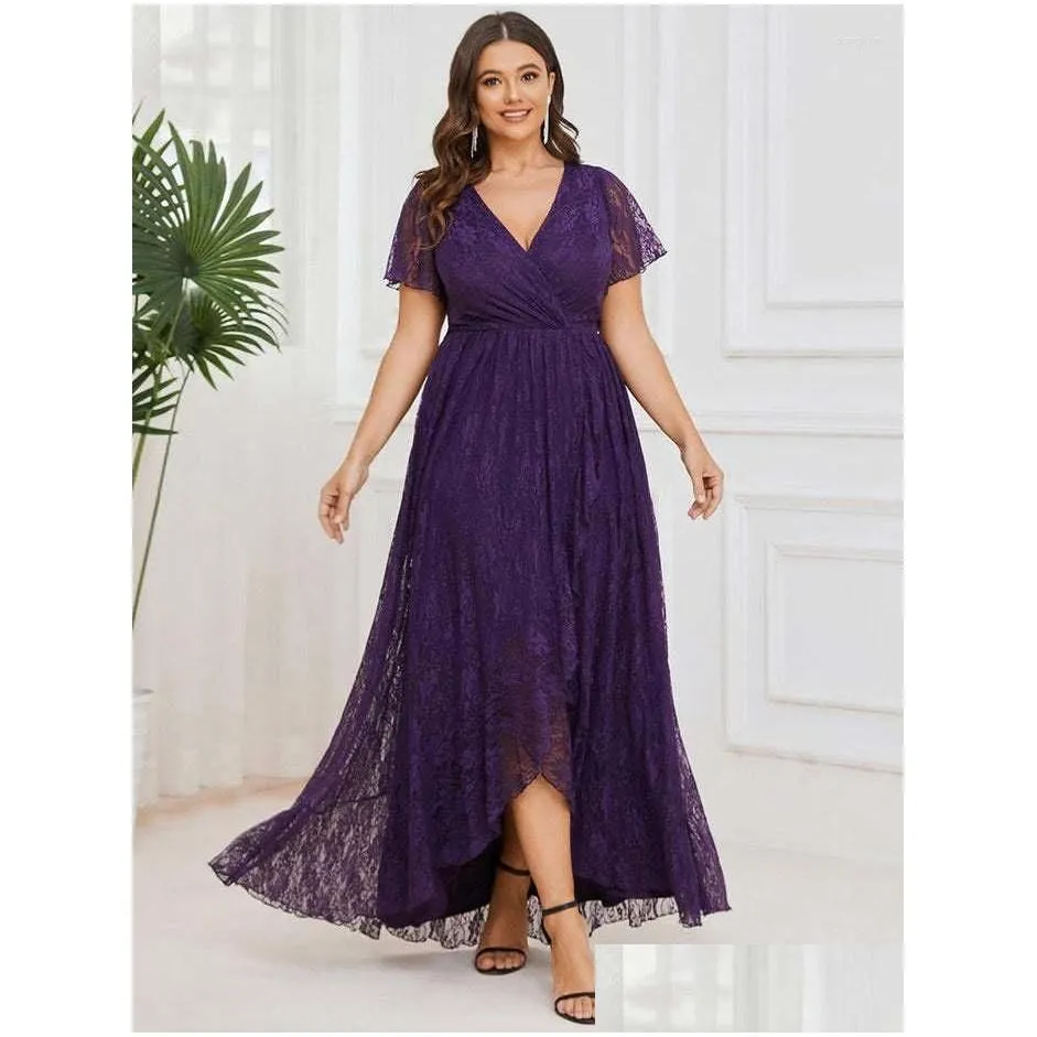 Plus Size Dresses Women Elegant 2023 Lace Short-sleeved V-neck Party Evening Dress Irregular Wave For Large Female