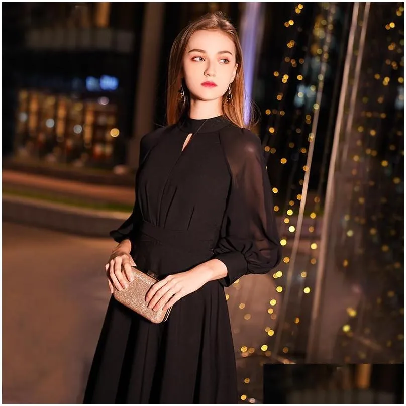 Party Dresses Wei Yin Black Elegant A Line Long Evening Dress 2023 High Neck Sleeves Gown Bodice Vestido Longos WY1242Party