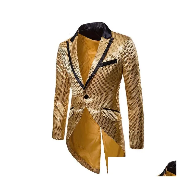 Men`S Suits & Blazers Mens Mannen Shiny Gold Sequin Glitter Verfraaid Blazer Jas Nachtclub Wieden Party Jasje Stadium Zangers Kleding Dhfxk