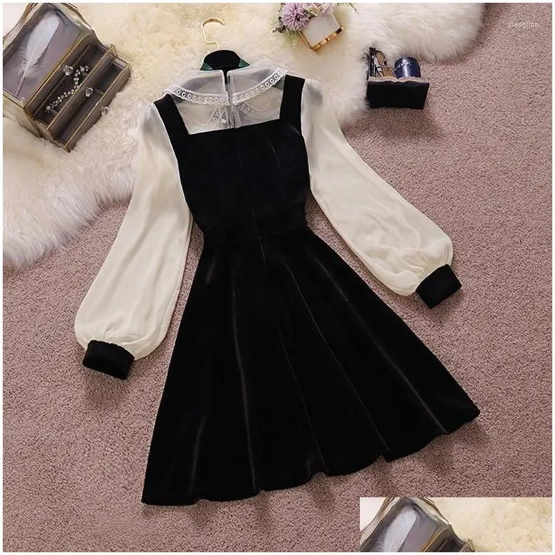 Casual Dresses Vintage Black Velvet Patchwork Summer Dress Fashion Elegant Lantern Sleeve Party Gown High Waist Fitted Vest For