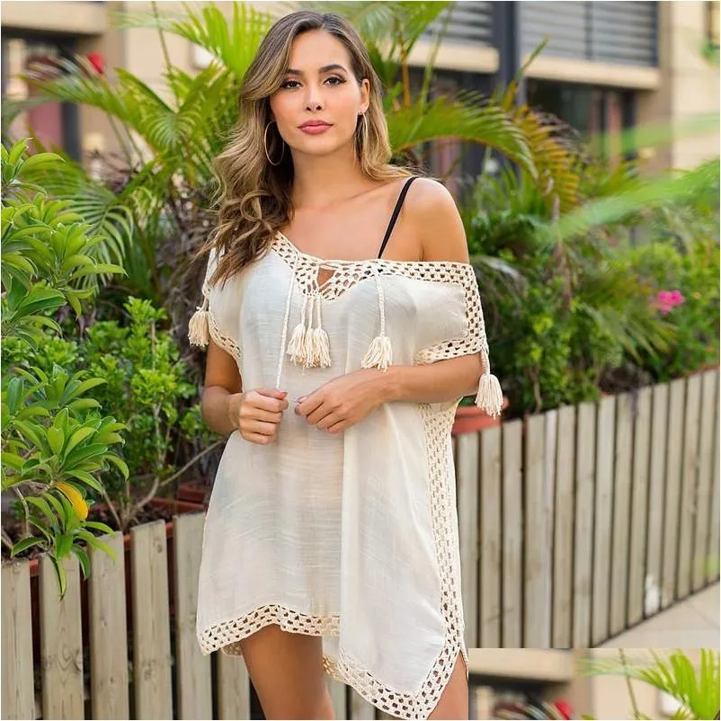 Swim Cover Up Kaftan Beach Robe Plage Dress Skirts Bathing Suit 2021 Smock Neck Strap Knitted Split Sun Acrylic Animal Women`s