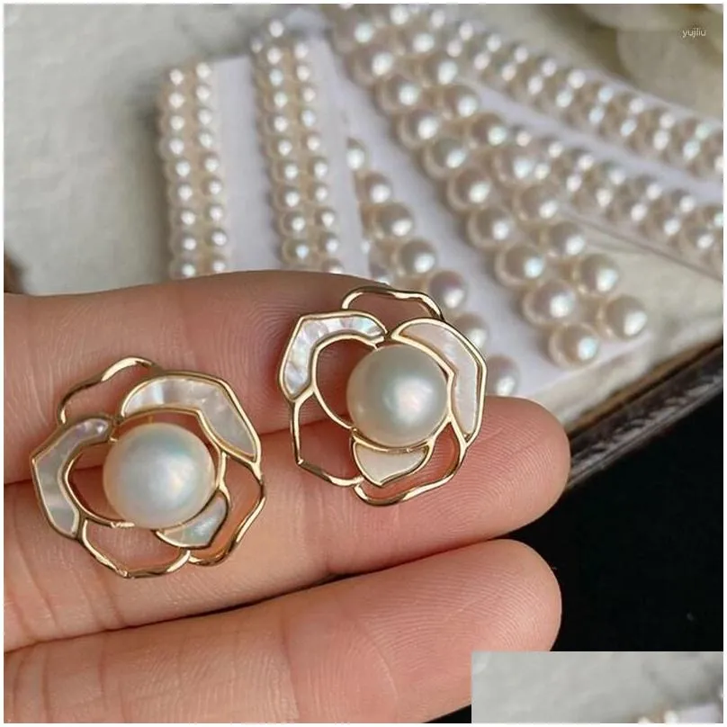 Stud Earrings Natural  Water White Pearl Fritillaria Petals Camellia Flower Hollow Out Design Temperament Gift