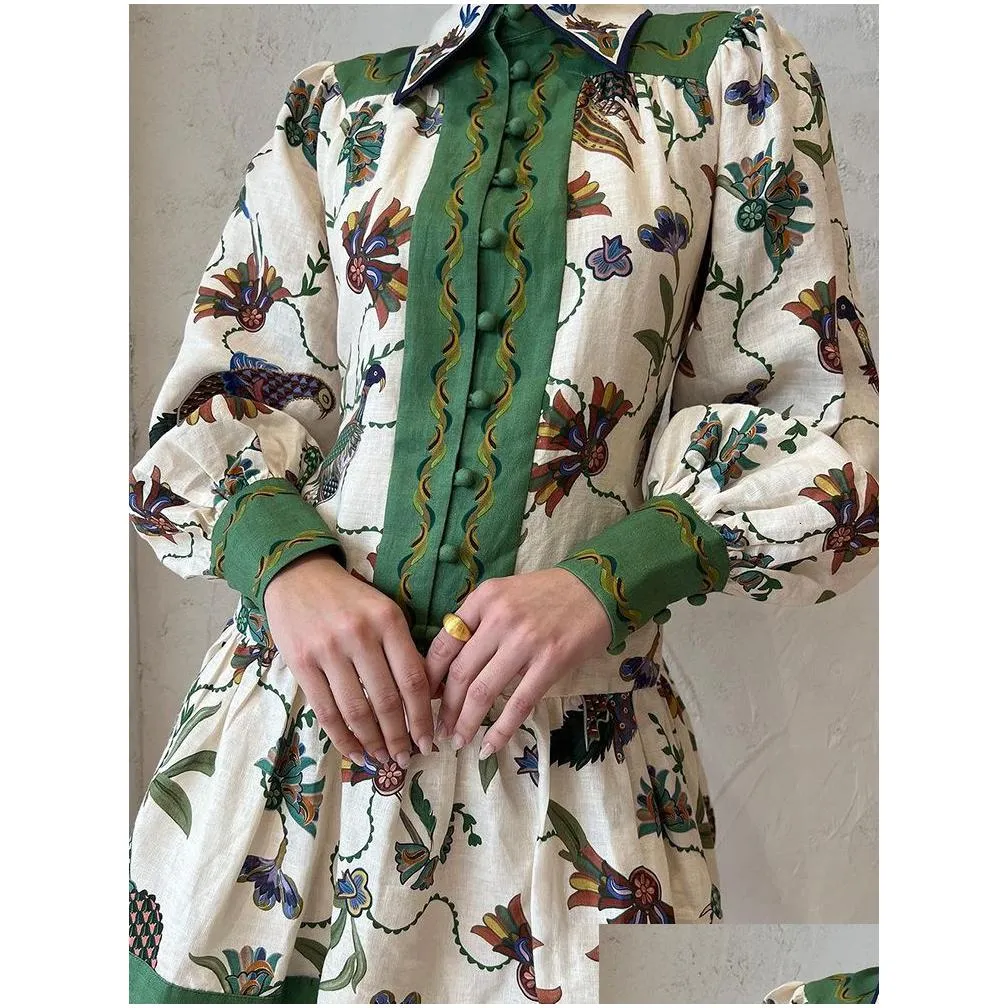 Urban Sexy Dresses Y Peacock Flower Printed Mini Pleated Dres Long Lantern Sleeve Single Breasted Fashion Holiday Summer Loose Robe D Dhu5X