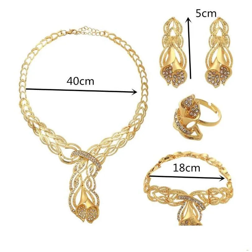 Earrings & Necklace 4Pcs Gold Lily Rhinestones Dubai African Jewelry Sets For Women Saudi Chokers Necklaces Bracelet Ring Wedding