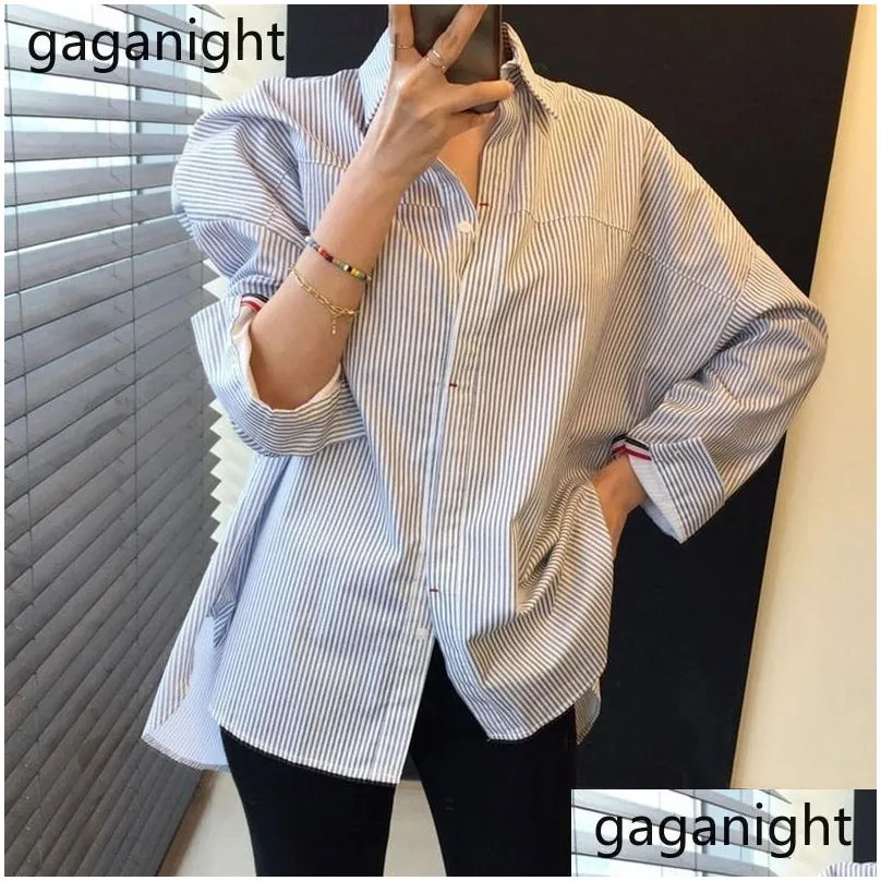 Women`S Blouses & Shirts Womens Gaganight Women Stripe Top Long Sleeve Casual Striped White Turn Down Collar Ol Shirt Back Buttons Lo Dhkc6