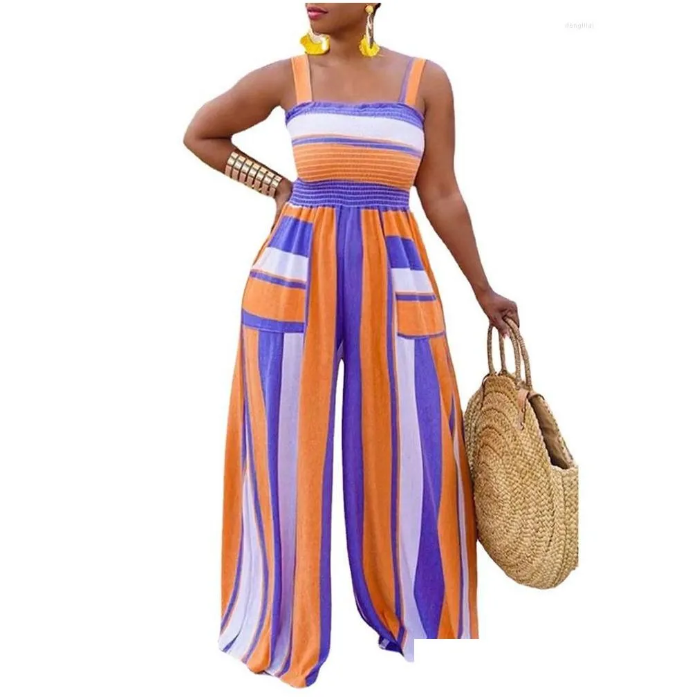 Pants 4XL 5XL Plus Size Empire Jumpsuit Women Stretchy Corset Wide Leg Playsuit Summer Color Striped Print Overalls