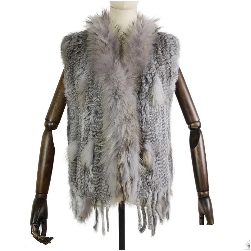 Women`S Fur & Faux Womens High Quality Retail/Wholesale Raccoon Dog Collar Trim Women Knitted Natural Rabbit Vest Gilet/Waistcoat Drop Dhgnw