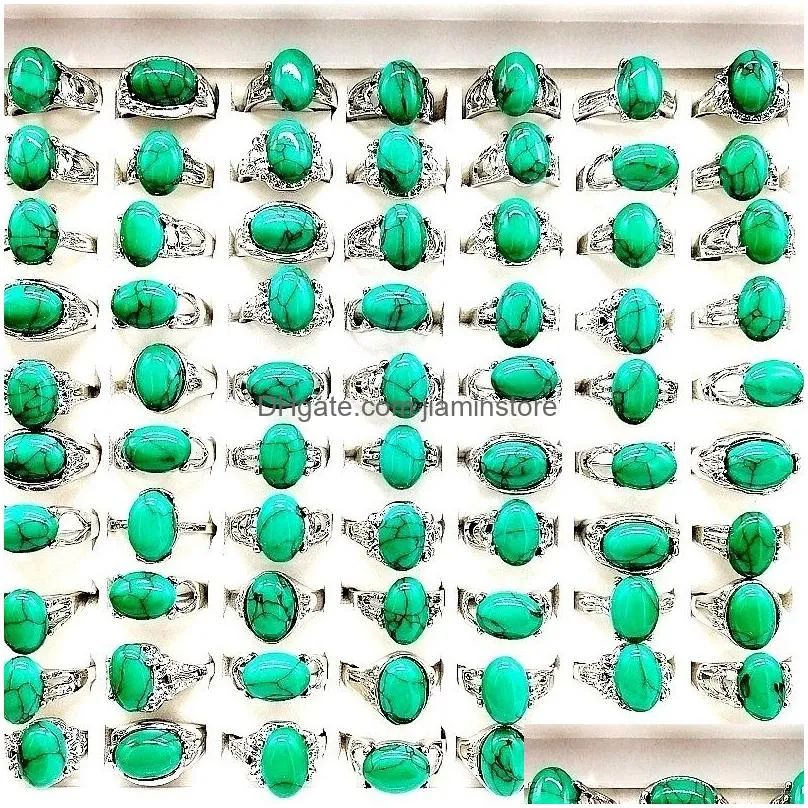 Fashion 30 Pcs/lot Patterned Turquoise Gem pineStone band Rings Bohemian Style mixed Silvery Lovers women and men Retro Wedding Jewelry