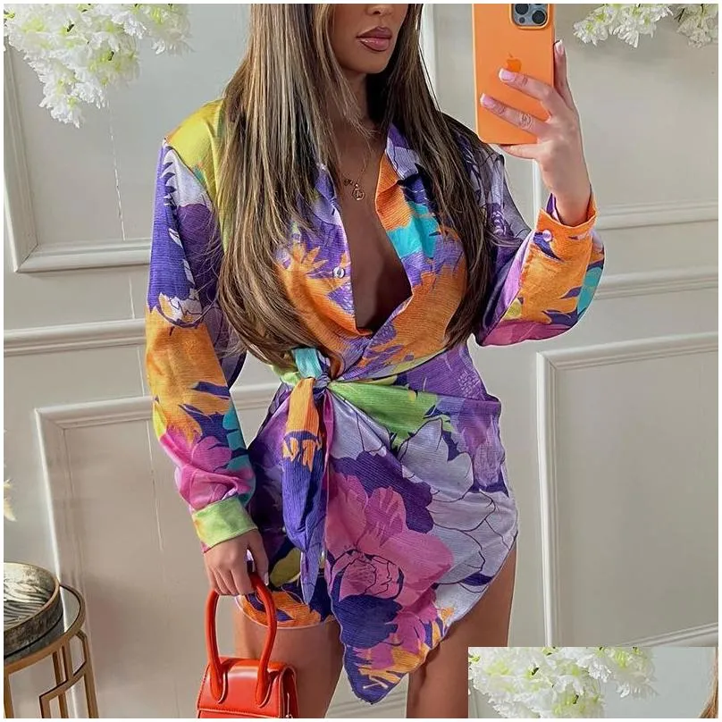 Basic & Casual Dresses Fandy Lokar Turn Down Collar Women Fashion Asymmetrical Printed Dress Elegant Long Sleeve Female Ladies 220713 Dh2Vf