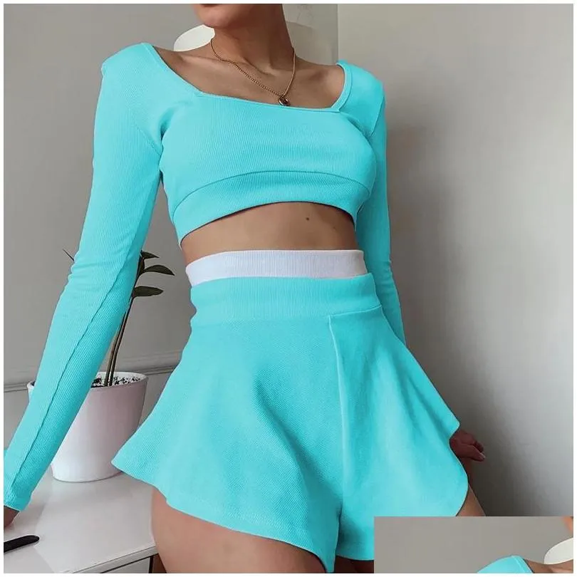 Women`s Tracksuits Casual Summer Women`s Sportswear Shorts Skirt Suit Long-sleeved Stitching Slim Sexy Tights And Loose Mini Two-piece