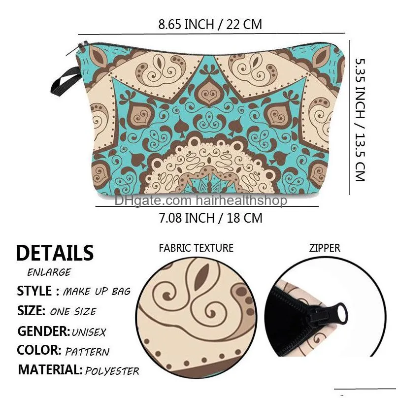 Wholesale Cartoon Cosmetic Bags Mandala Flower Sloths Printing Patterns Toiletry Pouch Portable Waterproof Zipper Travel Makeup