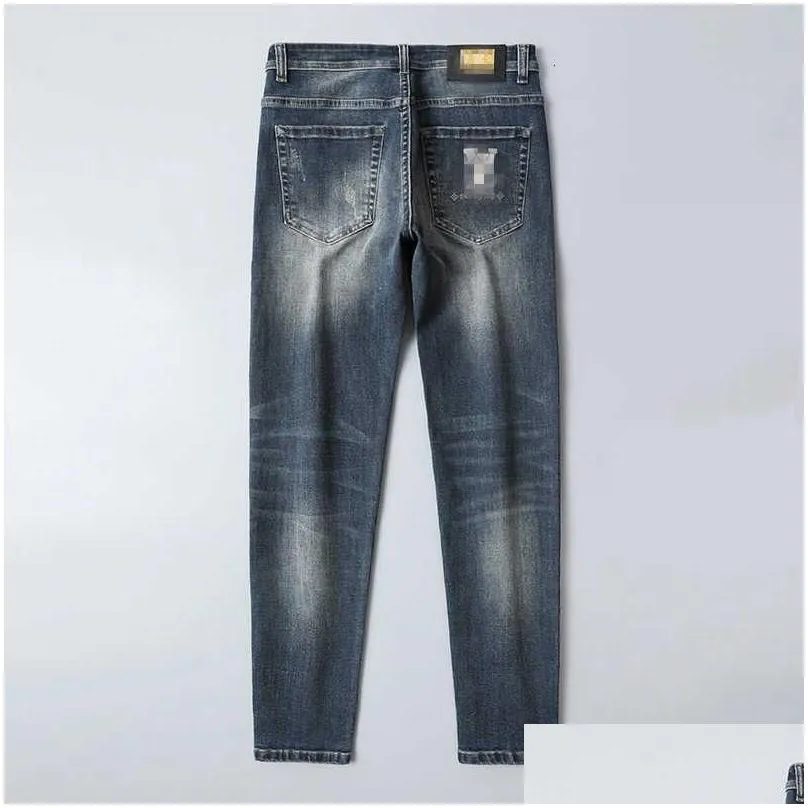 Men`s Jeans designer Autumn Fashion Brand Korean Slim-fit pants Slim Fit Thick Embroidered Blue Grey Pants L1E8