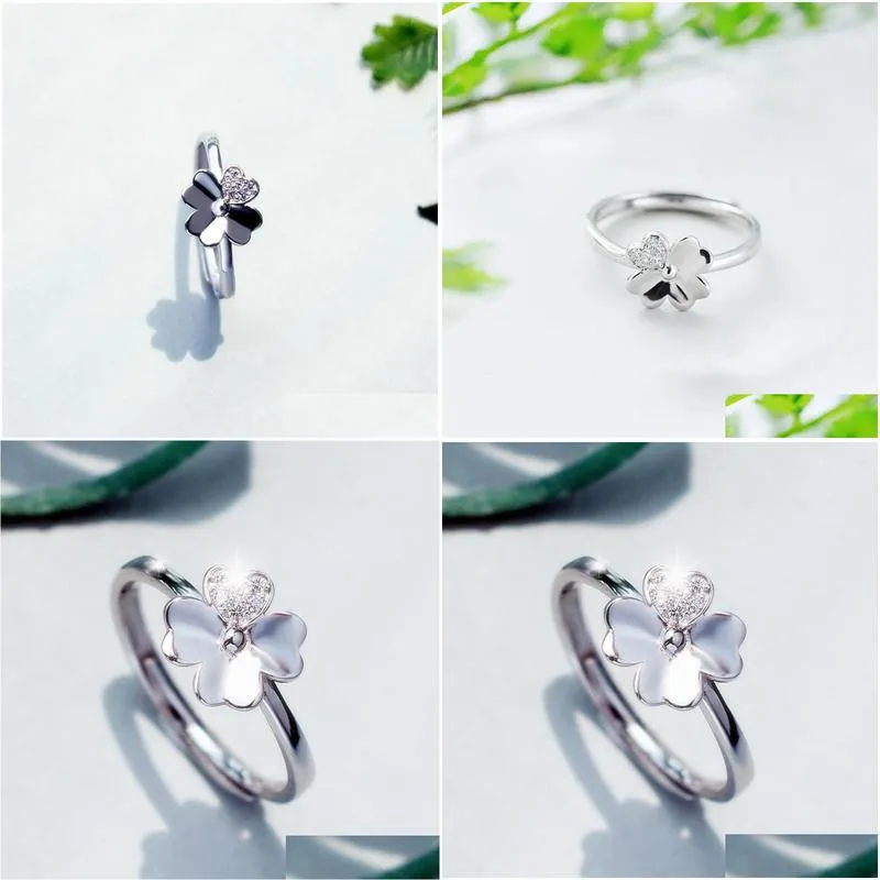 Cluster Rings Fashion Silver Color Lucky Clover Open Finger Ring Clear Stone Leaf For Women Girl Jewelry Gift Dropship Wholesale