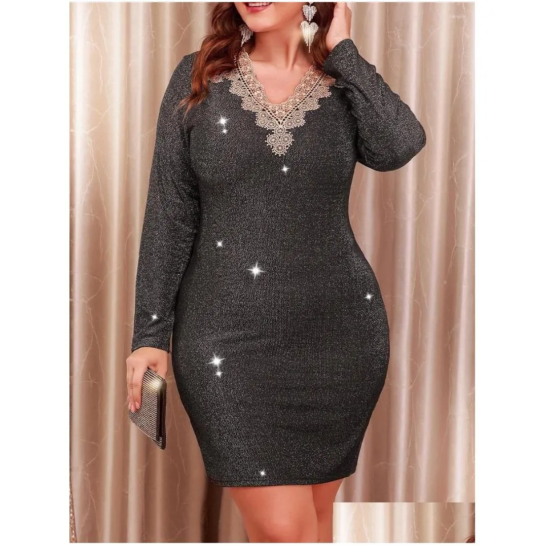 Plus Size Dresses Finjani Contrast Lace Bodycon Dress Casual V Neck Long Sleeve Women`s Clothing For Summer