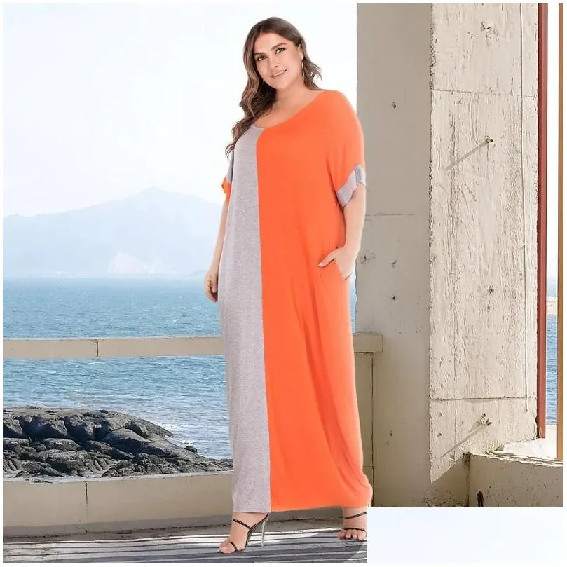 Plus Size Dresses Plus-size Women`s Loose Clay-color Patchwork Round Collar Short Sleeve Dress Arabic DressPlus