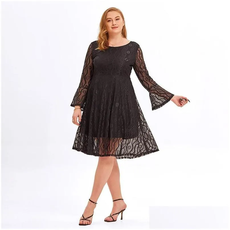 Plus Size Dresses Women`s Medium Long Sleeve  And Elegant Lace Dress 3XL 4XL O Neck Skirt Curve A Line Office Lady Loose