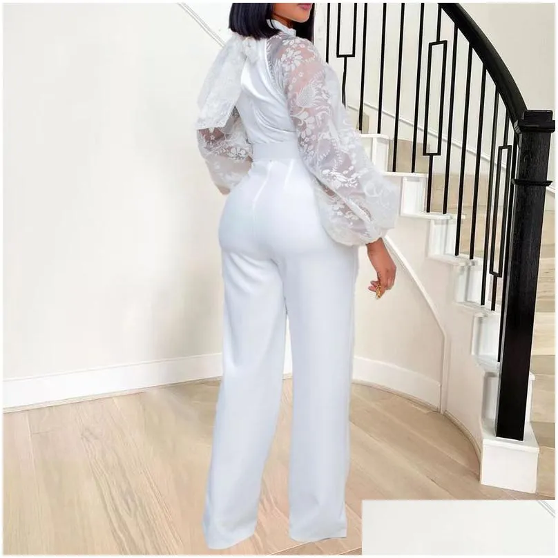 Women`S Jumpsuits & Rompers Womens White Elegant For Women Lantern Sleeve High Waisted Solid Fashion Office Ladies Formal Business Wo Dhzbr