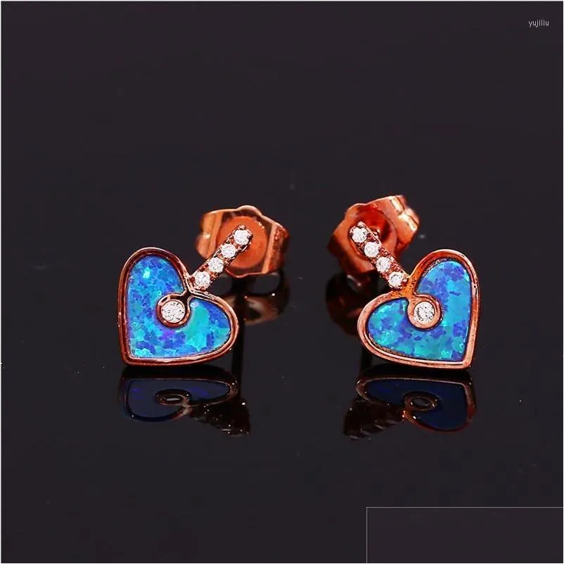 Stud Earrings Rose Gold Silver Color Bridal Romantic Love Heart Stone White Zircon Blue Opal For Women Jewelry