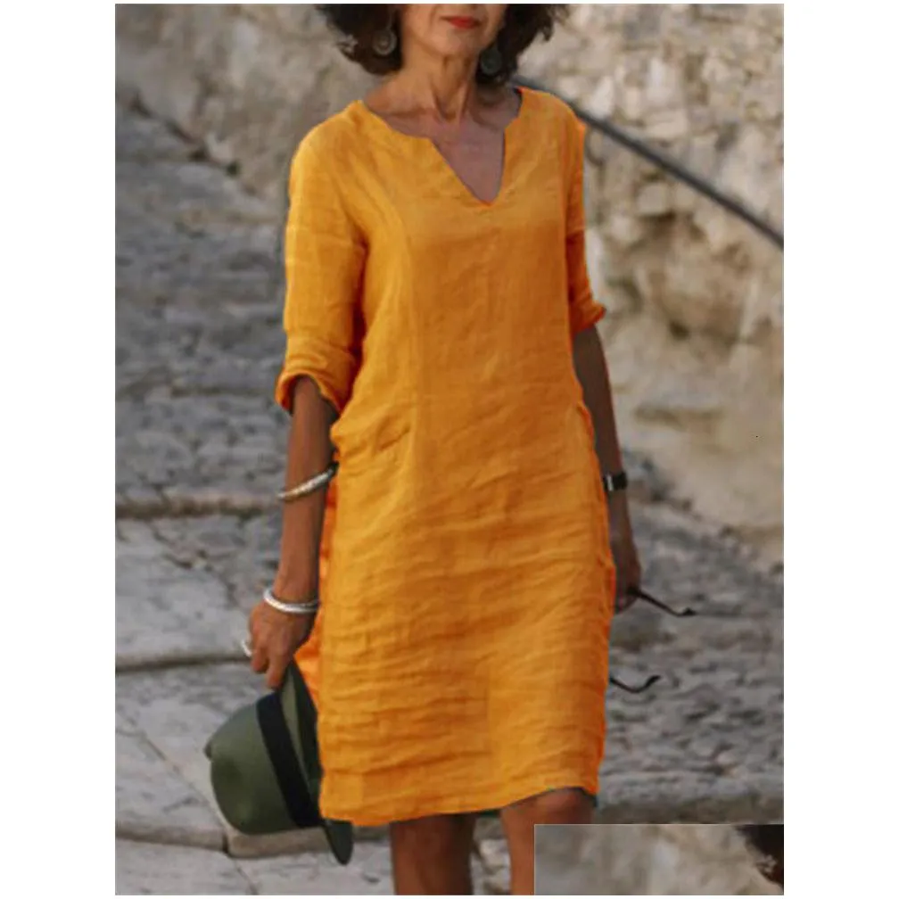 Basic & Casual Dresses Eotvotee Cotton Linen Dress 3 Quarter Vintage V Neck Loose Waist Midi Beach Women Clothing Green Blue Yellow R Dh81G