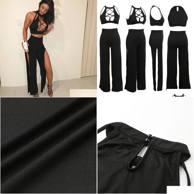 Women`S Two Piece Pants Y Women Pieces Set Turtleneck Sleeveless Hollow Out Crop Top High Waist Split Pant Fashion Sets Party Clubwea Dhmjo