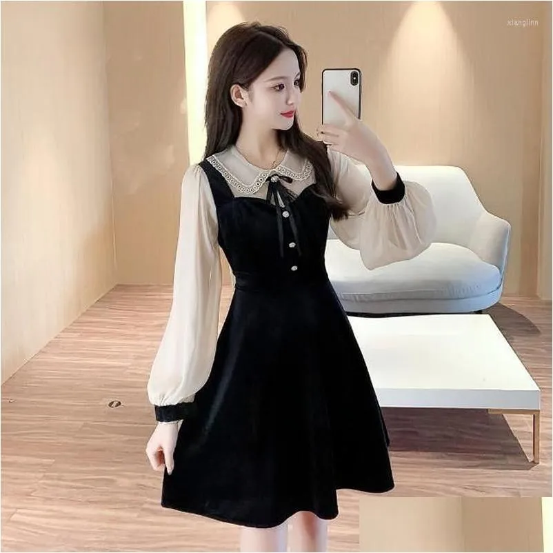 Casual Dresses Vintage Black Velvet Patchwork Summer Dress Fashion Elegant Lantern Sleeve Party Gown High Waist Fitted Vest For