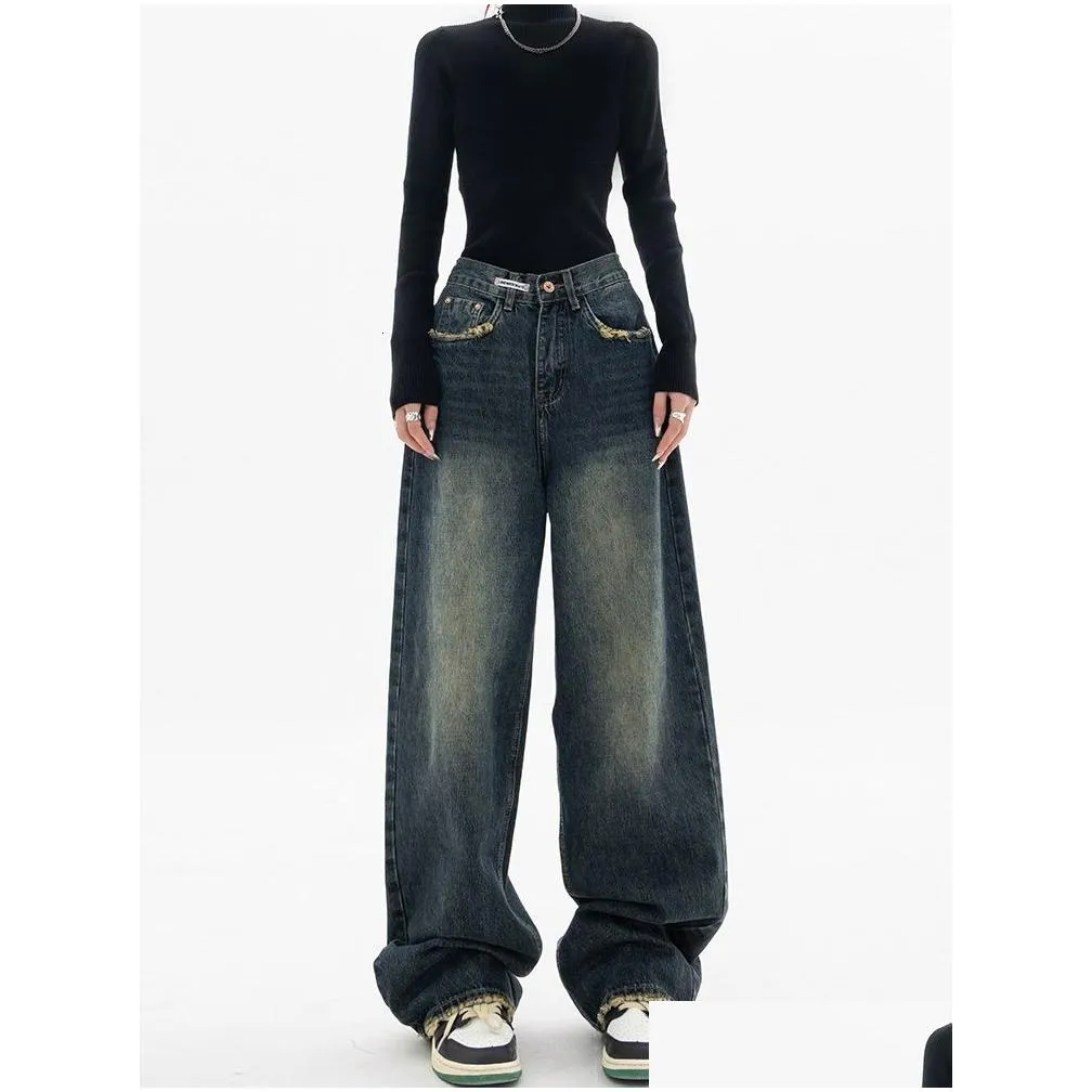 Women`S Plus Size Pants Womens Pant Vintage Streetwear Korean Baggy Cargo Jeans High Waist Straight Wide Leg Denim Trousers Fairy Gru Dhni7