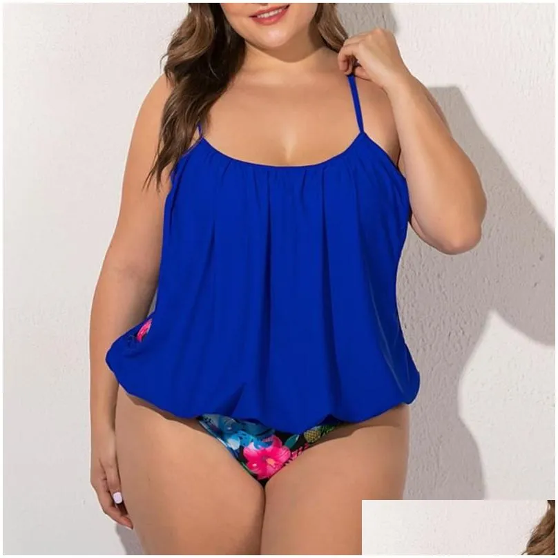 Women`s Swimwear L-5XL Women Two-Piece Swimsuit Floral Print Sling Plus Size Bikini Beachwear Tanga Design Hollow Side Fashion F4