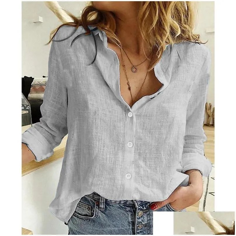 Women`s Blouses & Shirts Spring Womens Button Solid Long Sleeve Casual Large Plus Size Office Tops Slim Fit Full Tshirt Tees