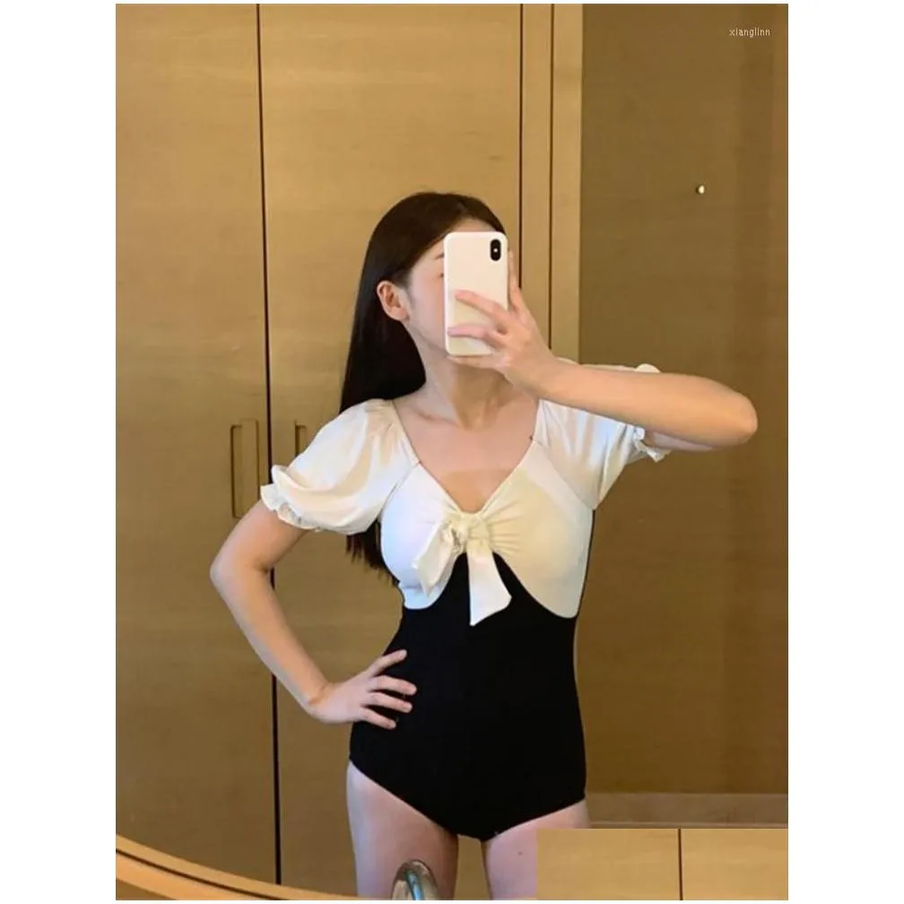 Women`s Swimwear Ladies Korea 2022 Girl Bow Black White Color Matching Monokini Japanese High Waist Slim One-piece Swimsuit Women