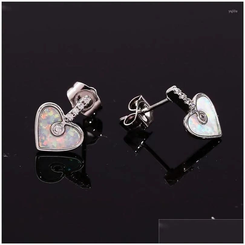 Stud Earrings Rose Gold Silver Color Bridal Romantic Love Heart Stone White Zircon Blue Opal For Women Jewelry